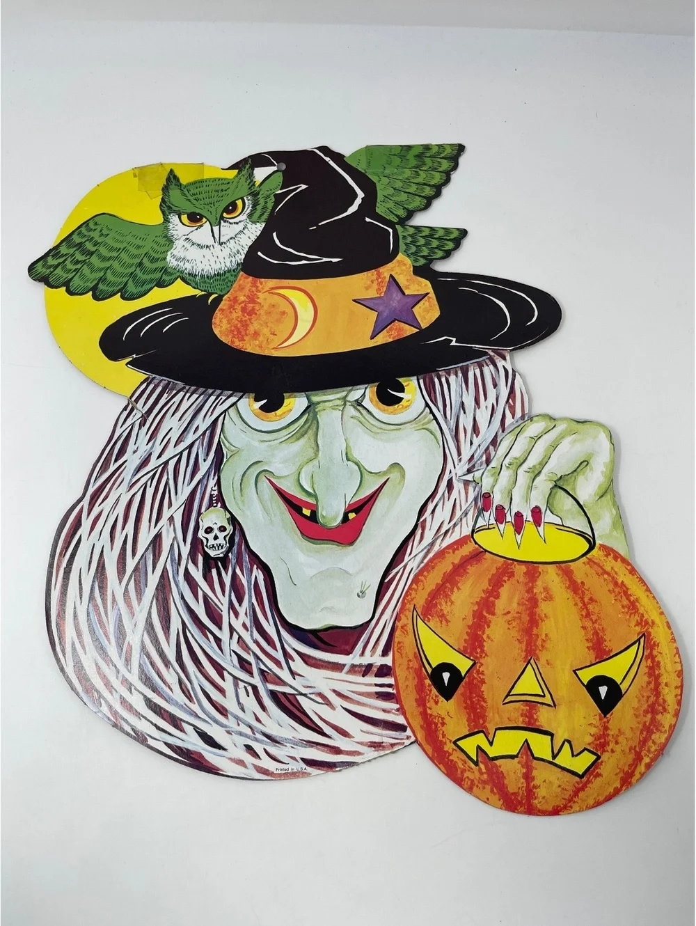 Vintage Halloween Witch Owl Cardboard Die Cut Wall Decor Pumpkin Set Lot of 2